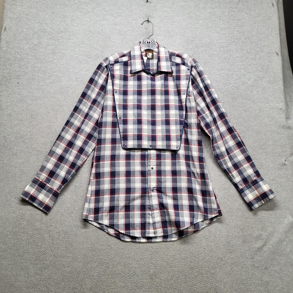 VINTAGE Karman Men Button Up Shirt 15.5 34 Navy Plaid Western Pearl Snap 90s